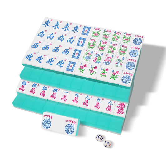 Mahjoy Mahjong Tile Set turquoise close-up highlighting bright, readable engravings.