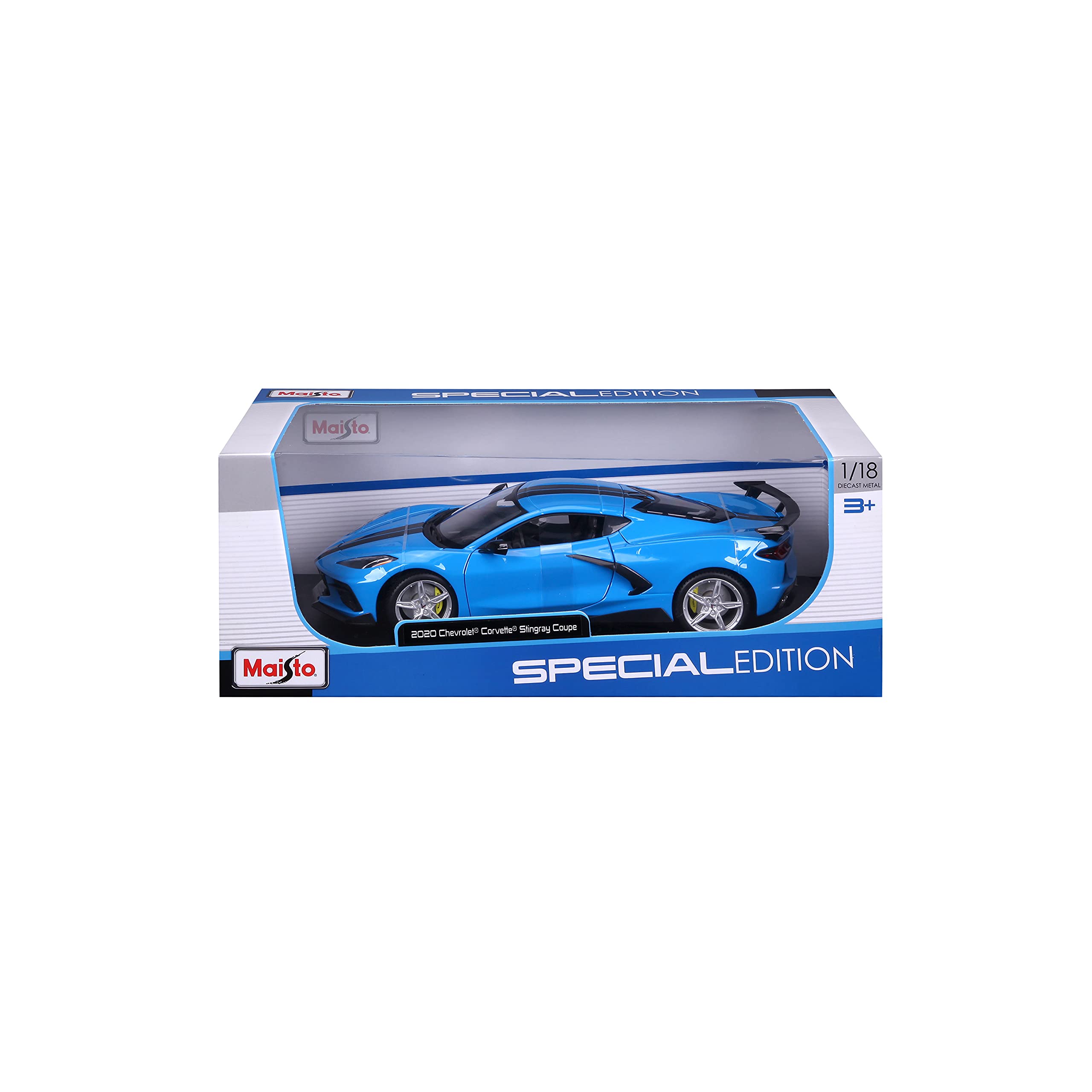 Maisto 1:18 Corvette Stingray Z51 High-Wing blue engine bay showcases intricate realism