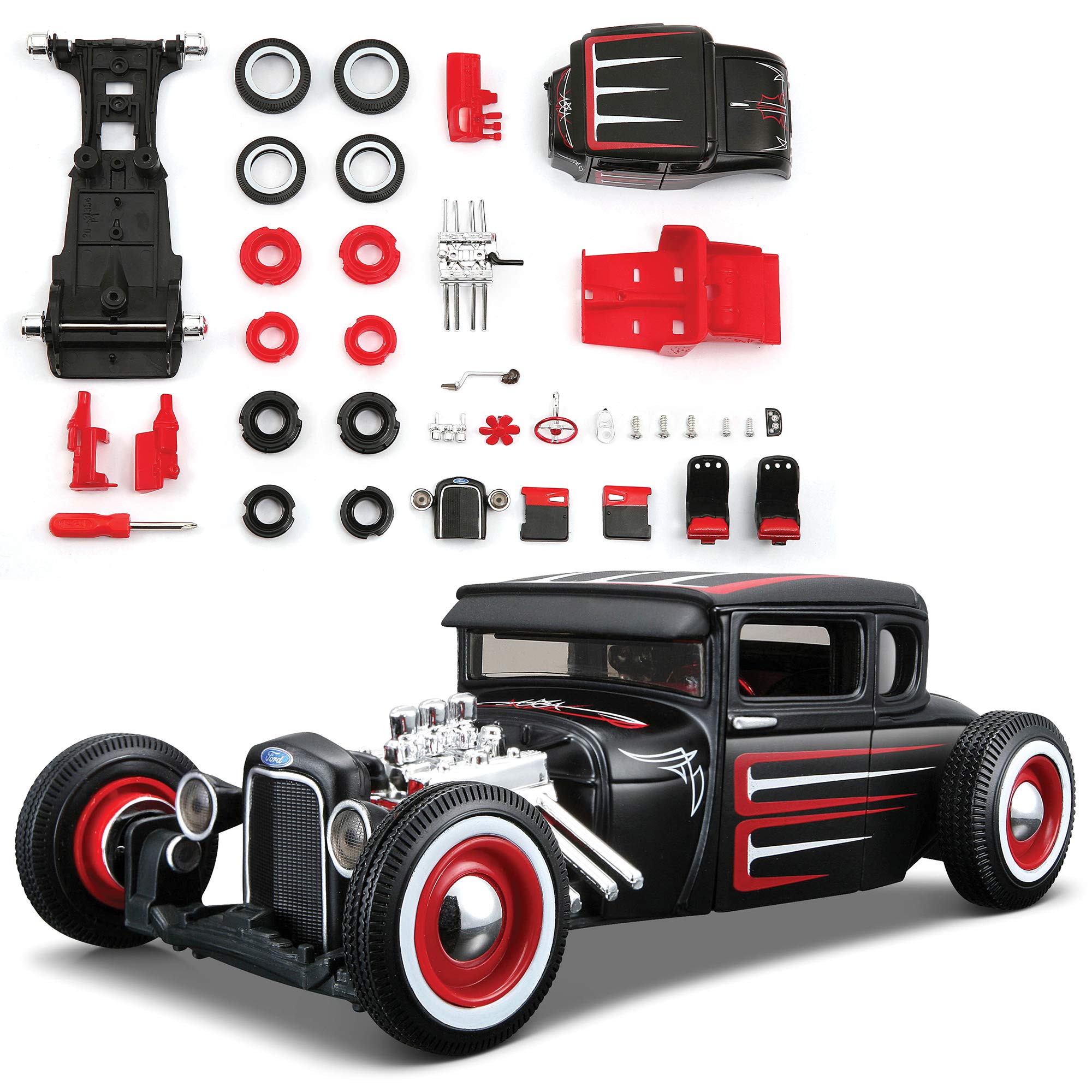 Maisto 1:24-scale Ford Model A diecast kit with assembly-line detail for display.