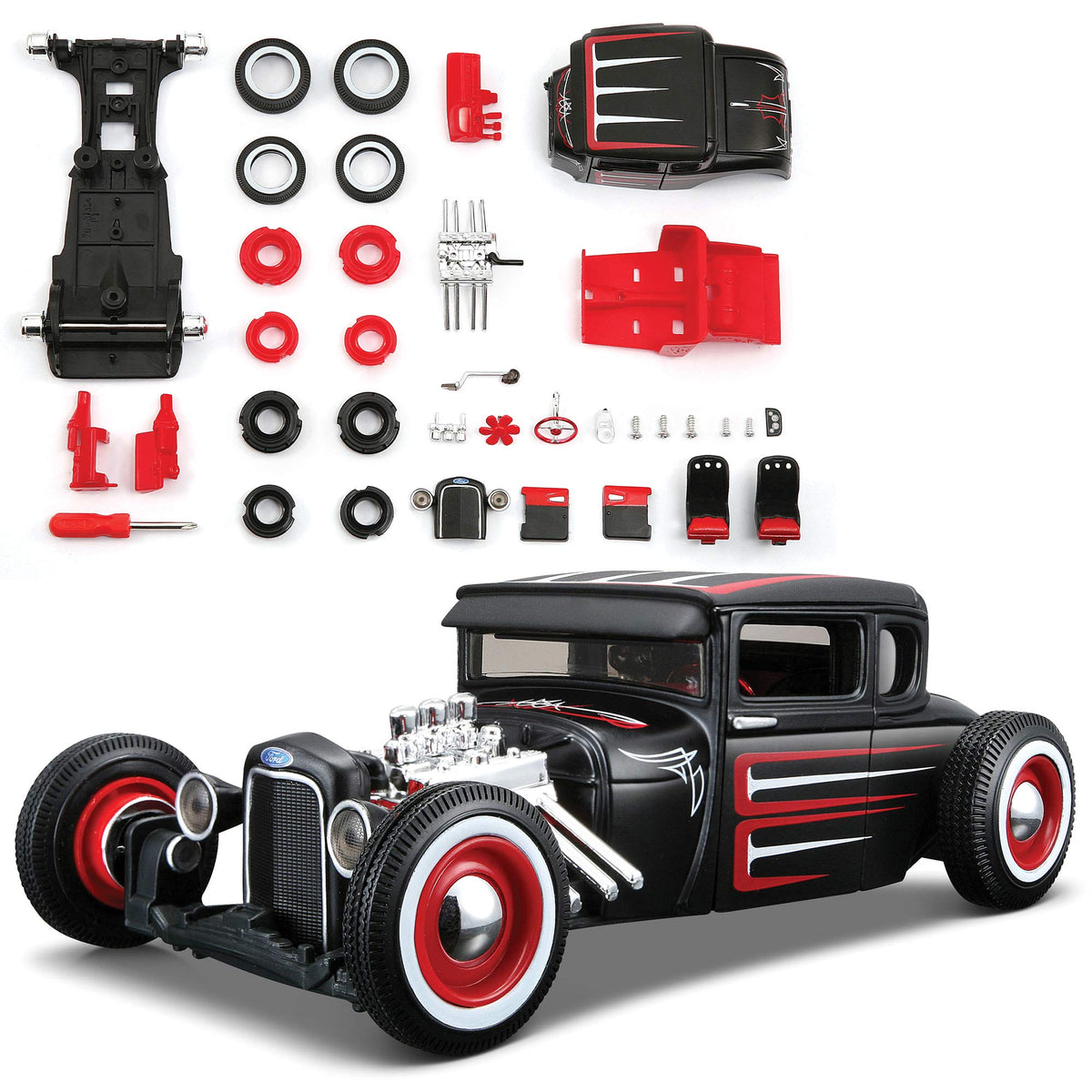 Maisto 1:24-scale Ford Model A diecast kit with assembly-line detail for display.