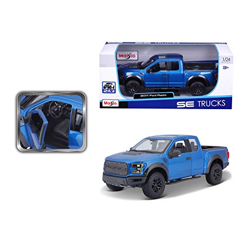 Maisto Ford F-150 Raptor blue craftsmanship highlights die-cast quality.