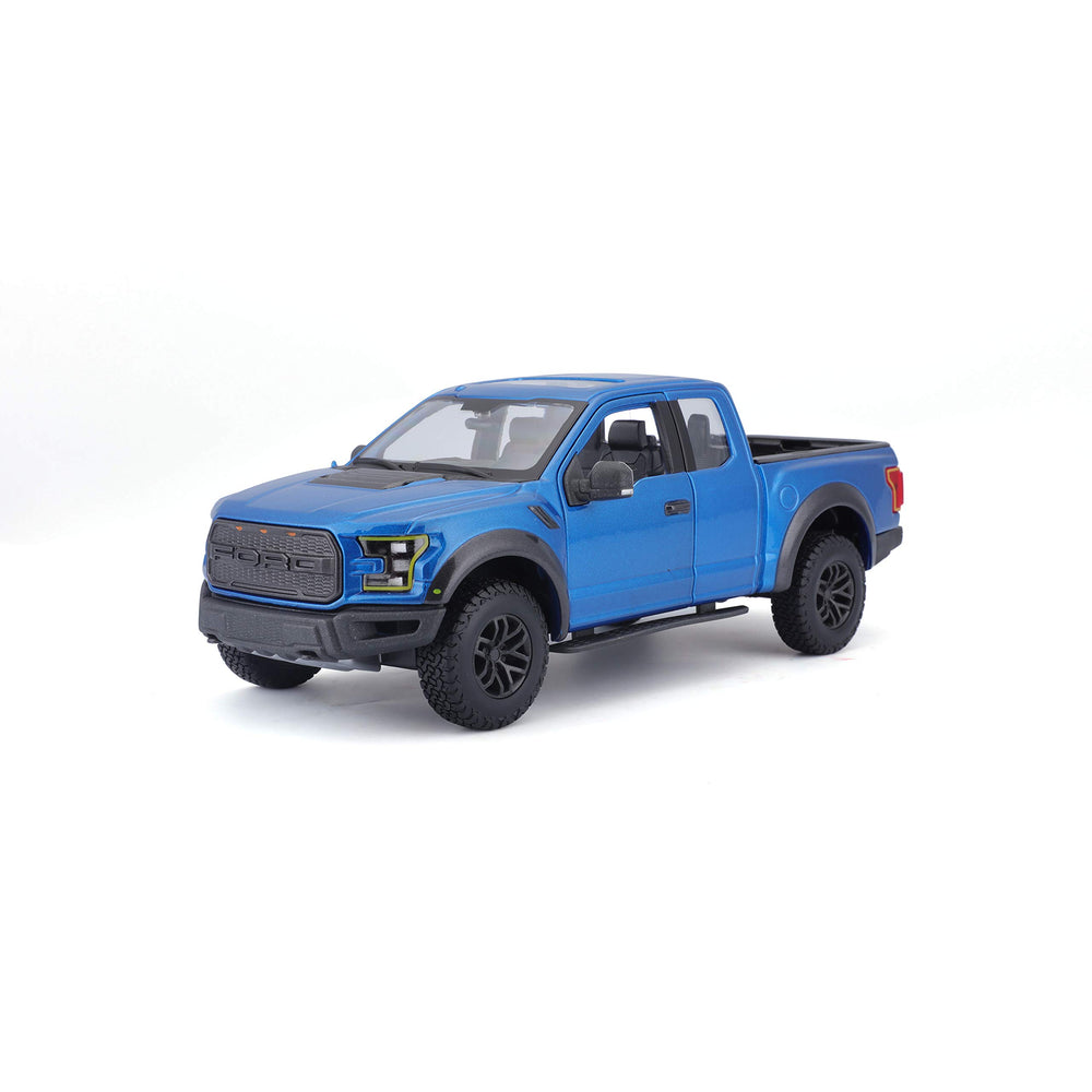 Maisto Ford F-150 Raptor blue metal body with sturdy build.