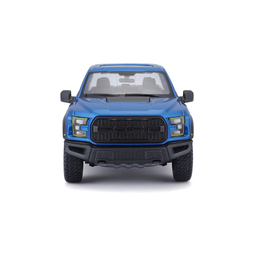 Maisto Ford F-150 Raptor blue plastic details complement the metal body.