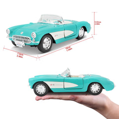 Maisto 1957 Chevrolet Corvette turquoise detailed chassis ideal for collectors.