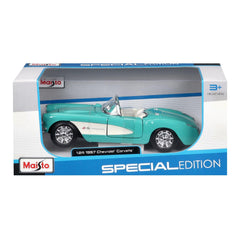 Maisto 1957 Chevrolet Corvette turquoise display-ready model for shelf decor.