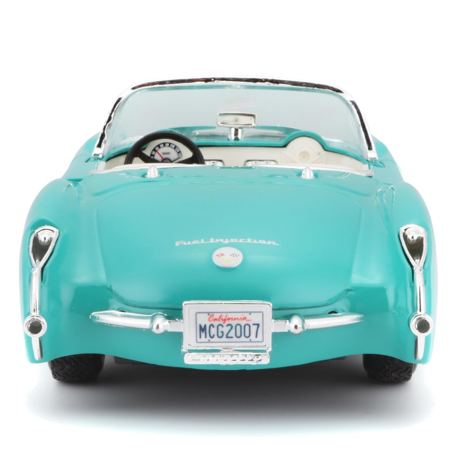 Maisto 1957 Chevrolet Corvette turquoise engine compartment detail for realism.