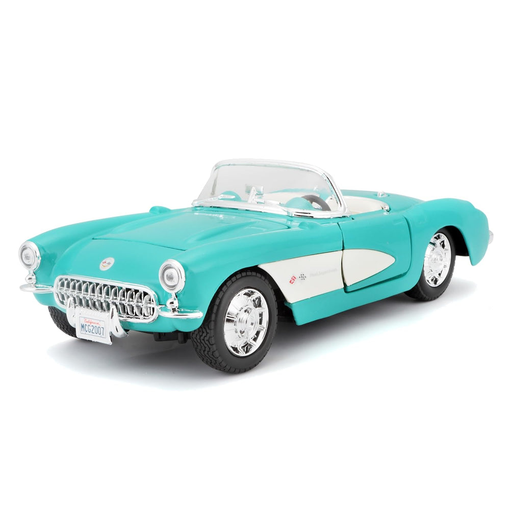 Maisto 1957 Chevrolet Corvette turquoise front view with opening doors and glossy finish.