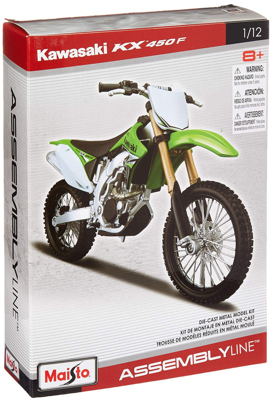 Maisto Kawasaki KX 450F 1:12 die-cast model close-up with authentic racing details for display