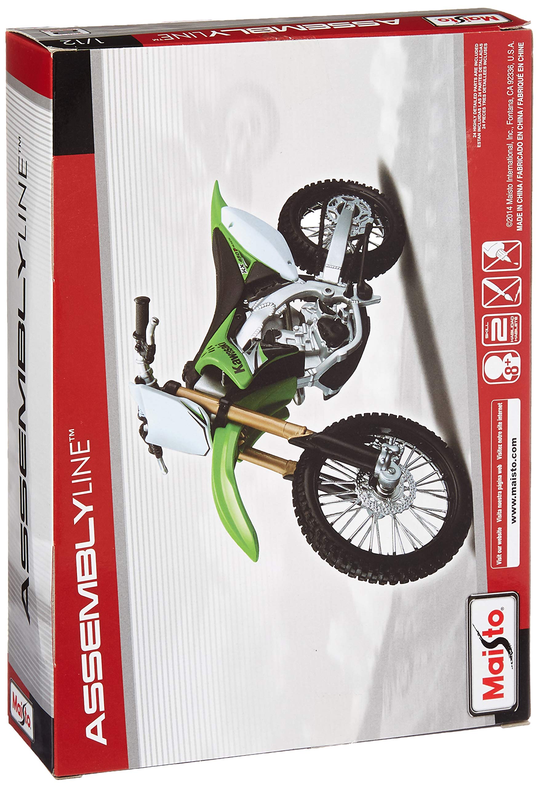 Maisto Kawasaki KX 450F 1:12 kit showcases finely detailed parts for hobby assembly