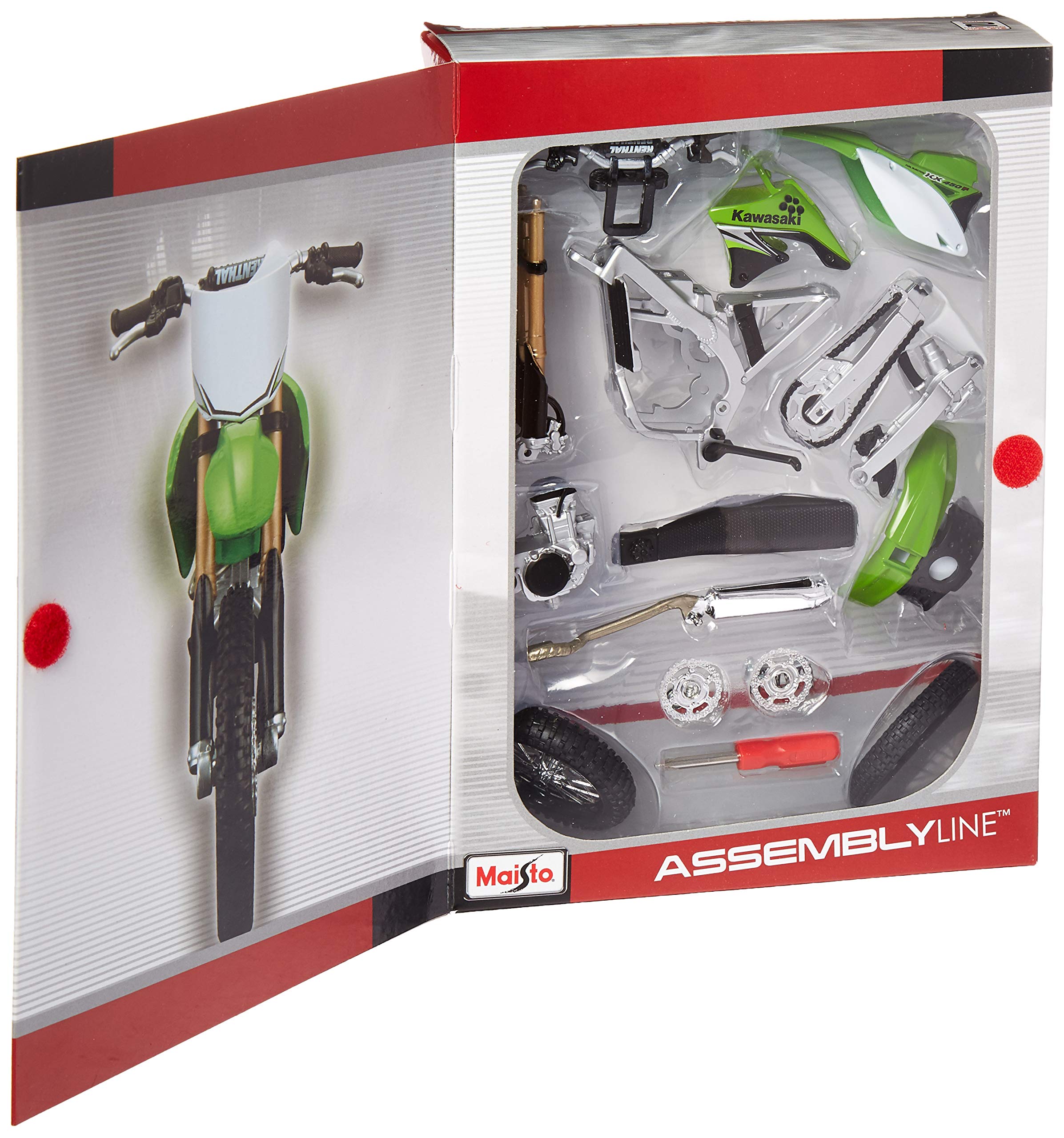 Maisto Kawasaki KX 450F 1:12 kit includes all parts for a complete build
