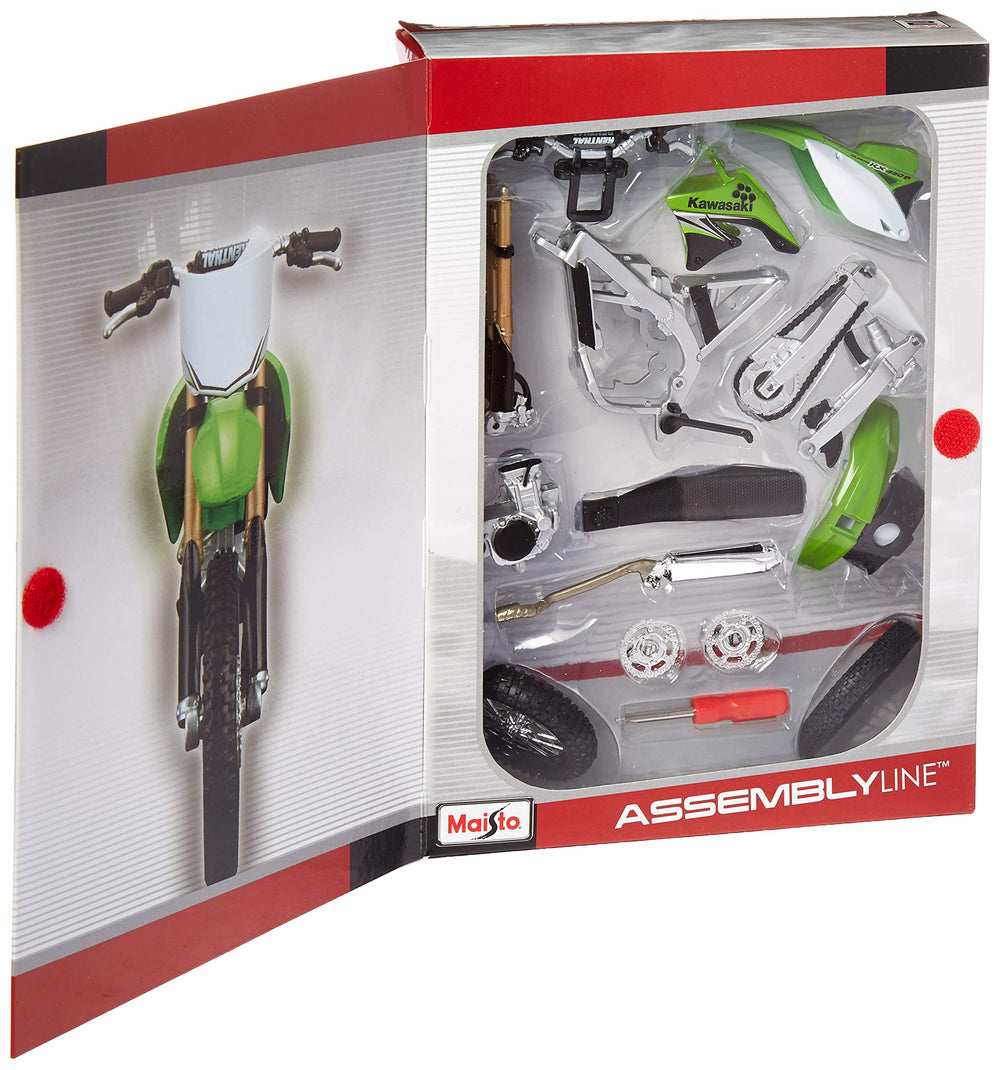 Maisto Kawasaki KX 450F 1:12 kit includes all parts for a complete build