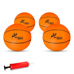 Majestic Hoops 4-pack 5-inch mini basketballs with grip-friendly surface for indoor play.