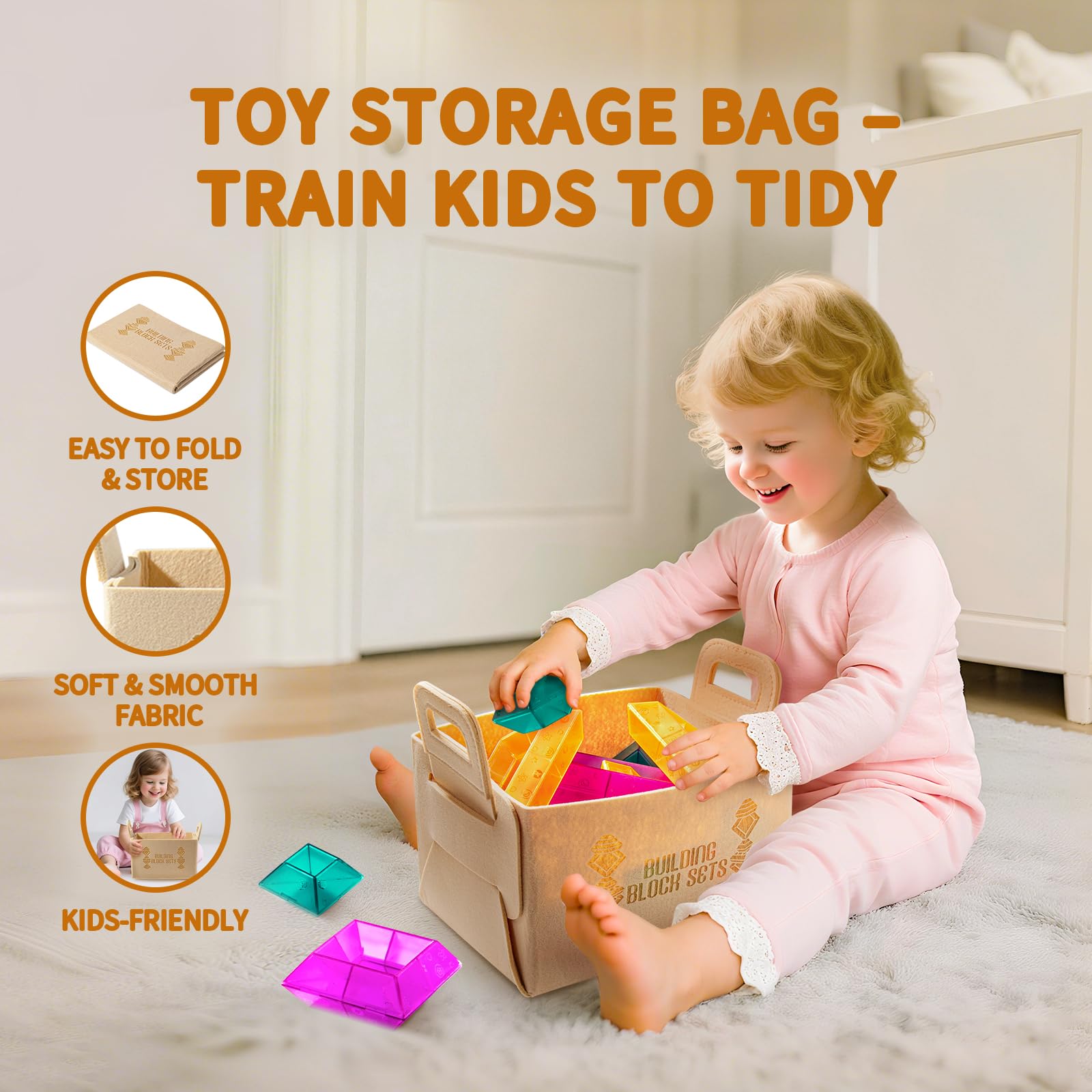 Foldable storage bag from MAKE KIDS SMILE BUBBLE FUN keeps blocks organized after play.