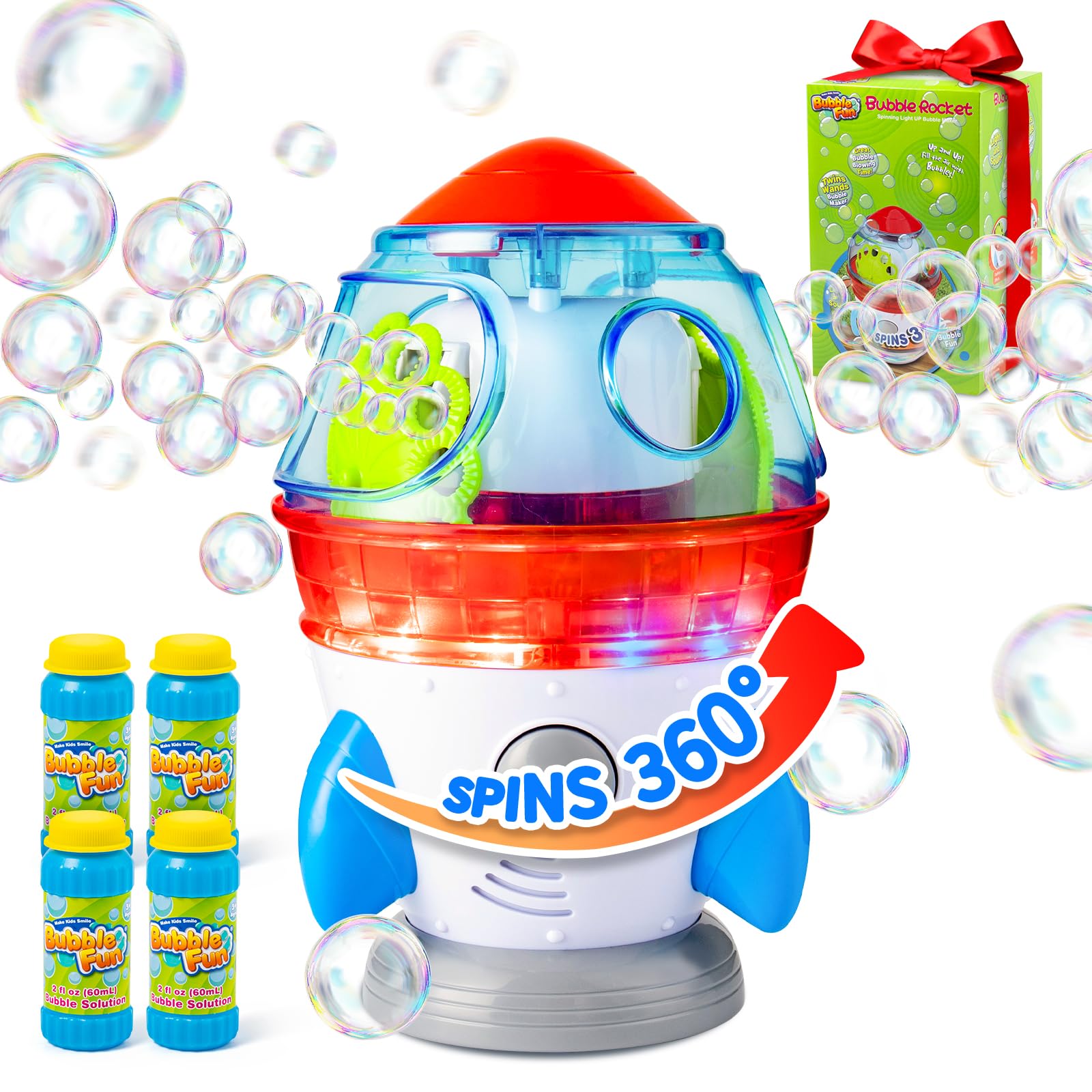 Make Kids Smile Rocket Bubble Machine front view with dual outlets delivering high-output bubbles