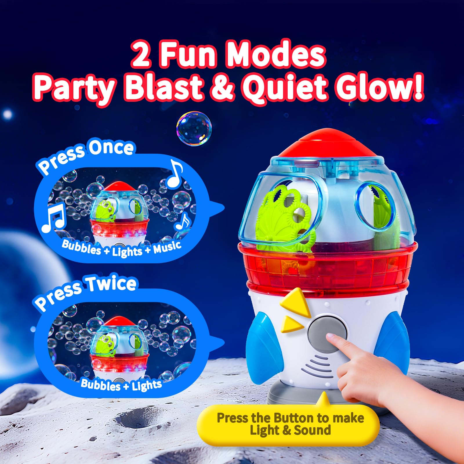 Make Kids Smile Rocket Bubble Machine LED lights and music illuminate play