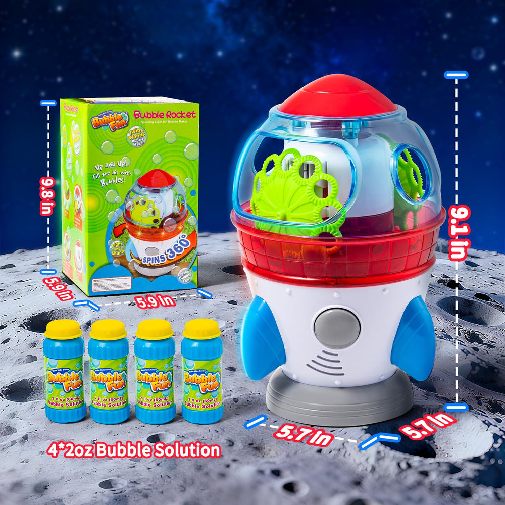 Make Kids Smile Rocket Bubble Machine packaging highlights safe, battery-powered operation