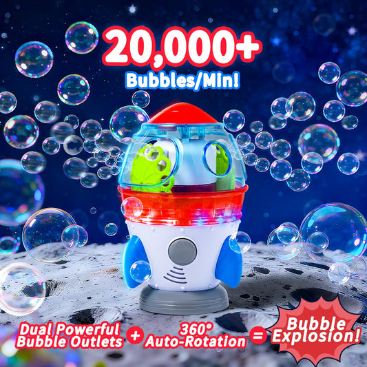 Make Kids Smile Rocket Bubble Machine side angle showing 360° rotation for wide coverage