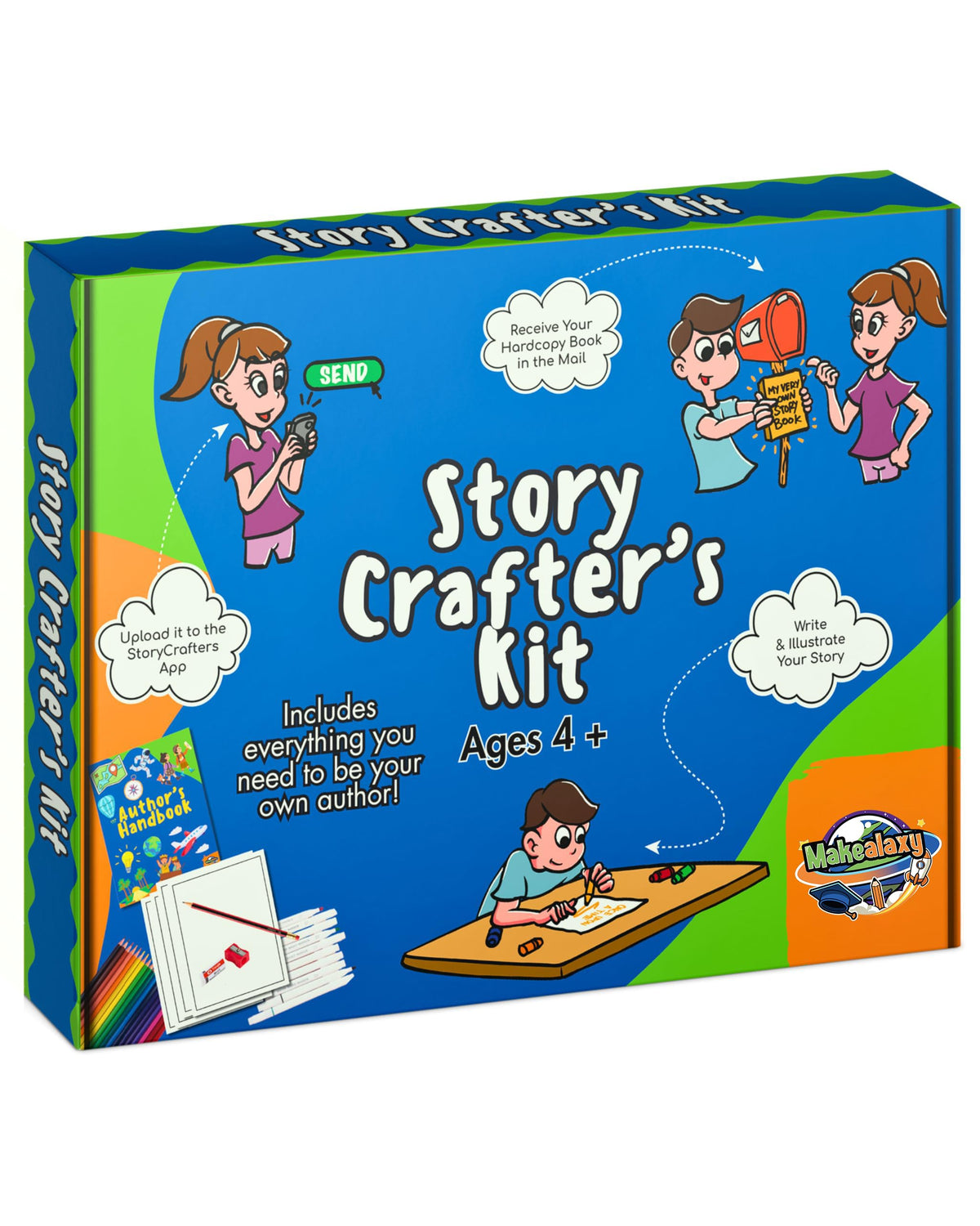 Makealaxy Story Crafters cover design showing a bright, inviting hardcover book.