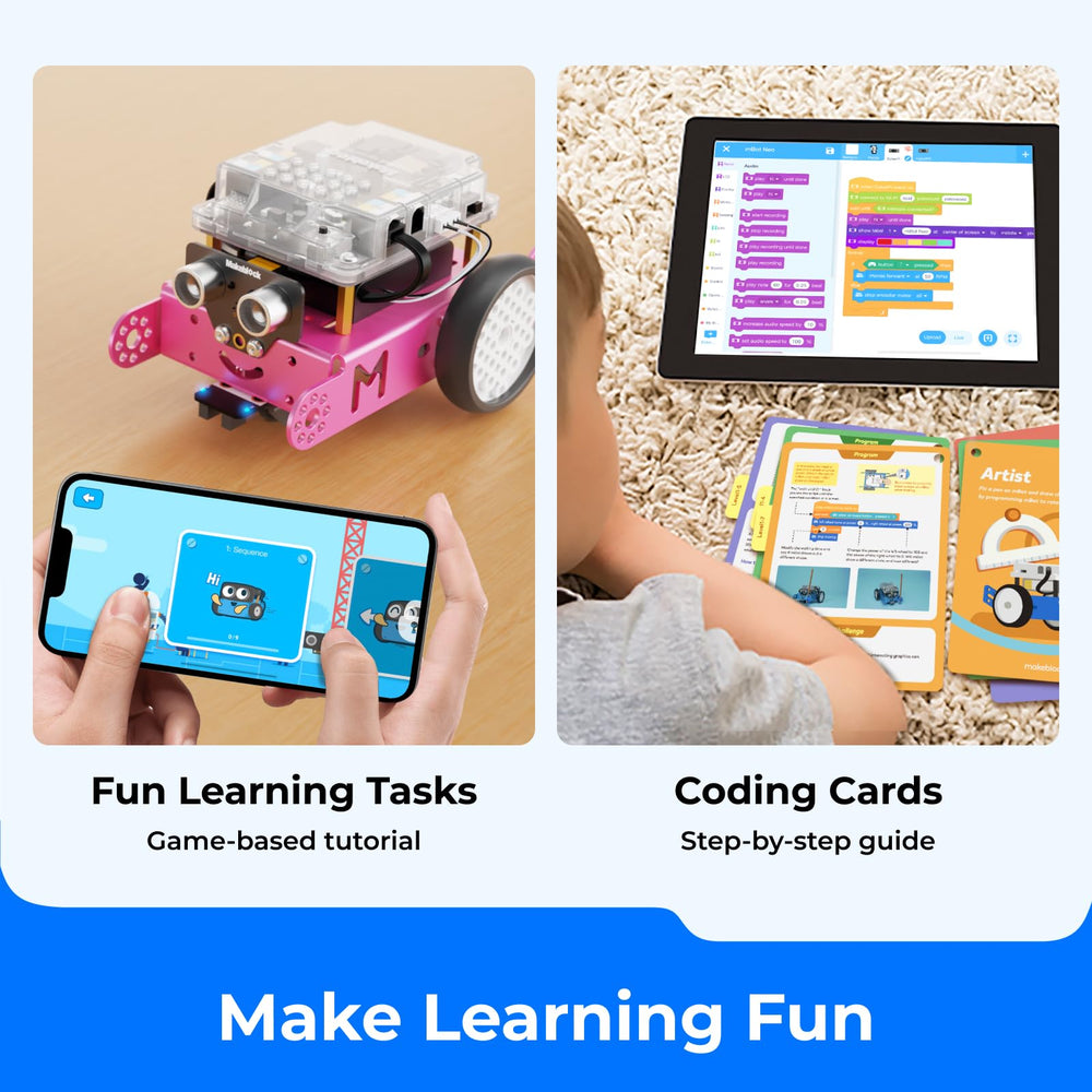 Makeblock mBot learning-resources highlight engaging tutorials and coding cards.