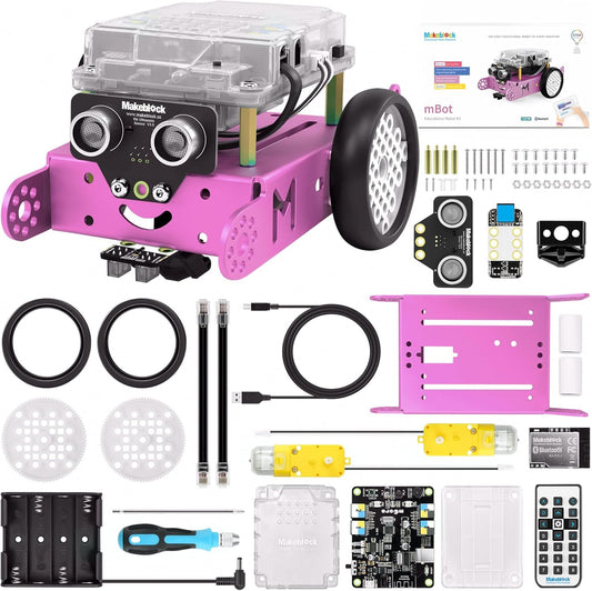 Makeblock mBot parts laid out for easy beginner assembly and learning.