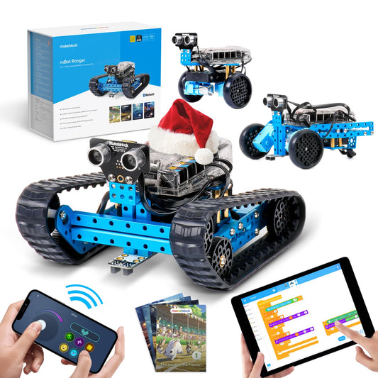 Makeblock mBot Ranger Land Raider on rugged terrain enables outdoor STEM exploration.