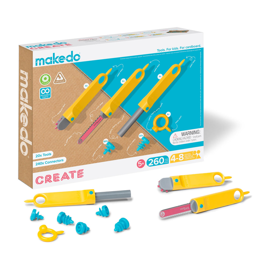 Makedo Create toolbox shows cardboard assembly projects for hands-on learning