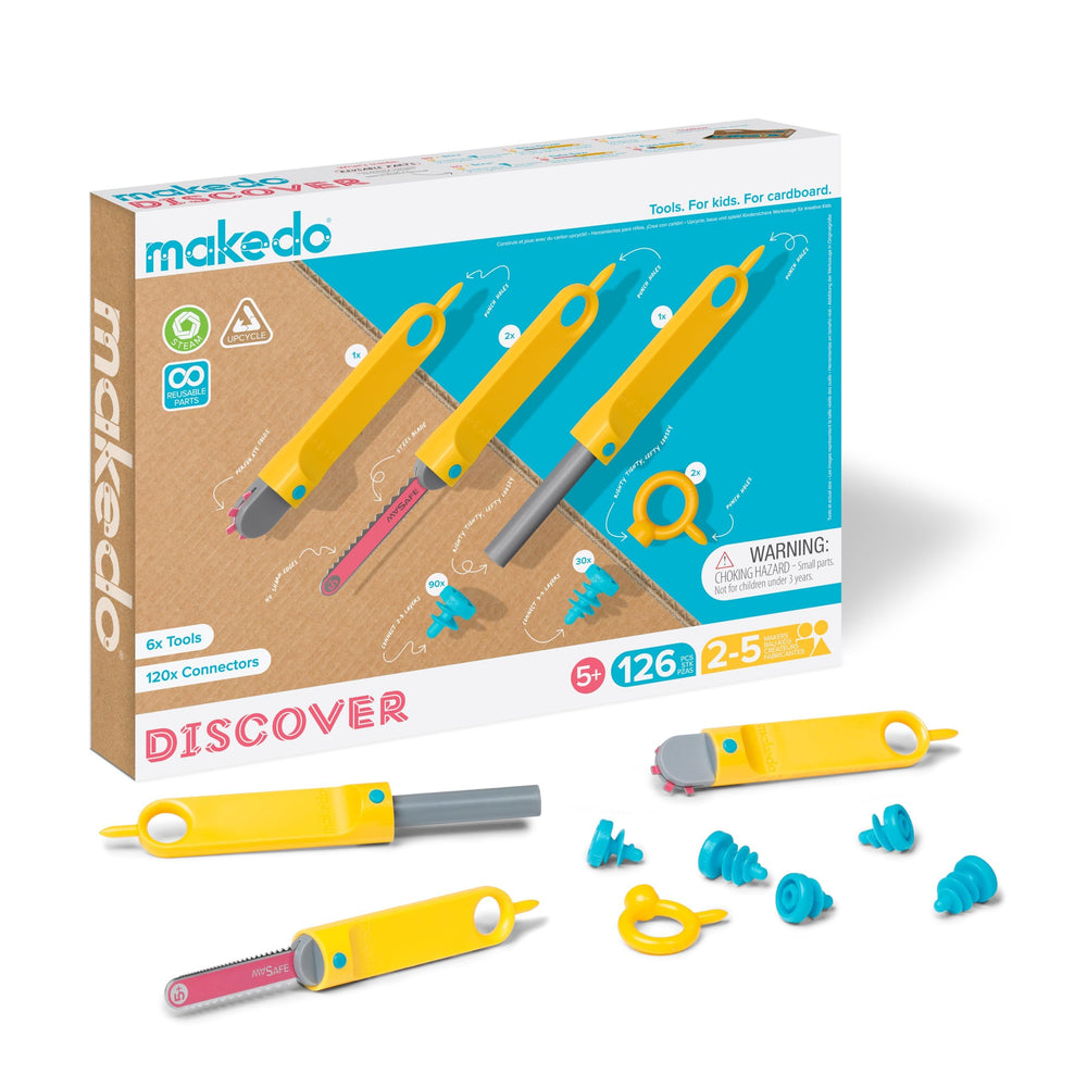 Makedo Discover unpacked box with the 126-piece kit ready for creative play.