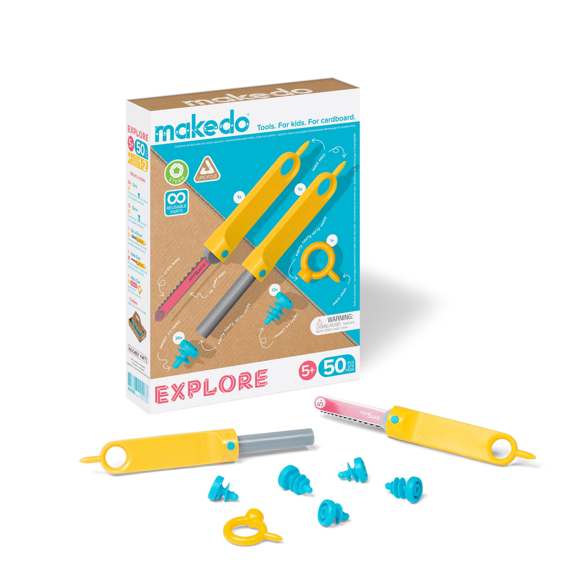 Makedo Explore toolbox with lid open invites creative cardboard building at home.