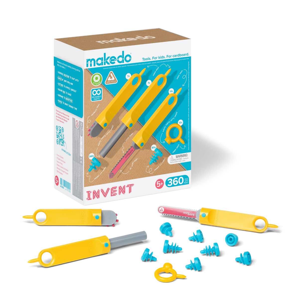 Makedo Invent small toolbox open with 360 pieces for creative construction and learning