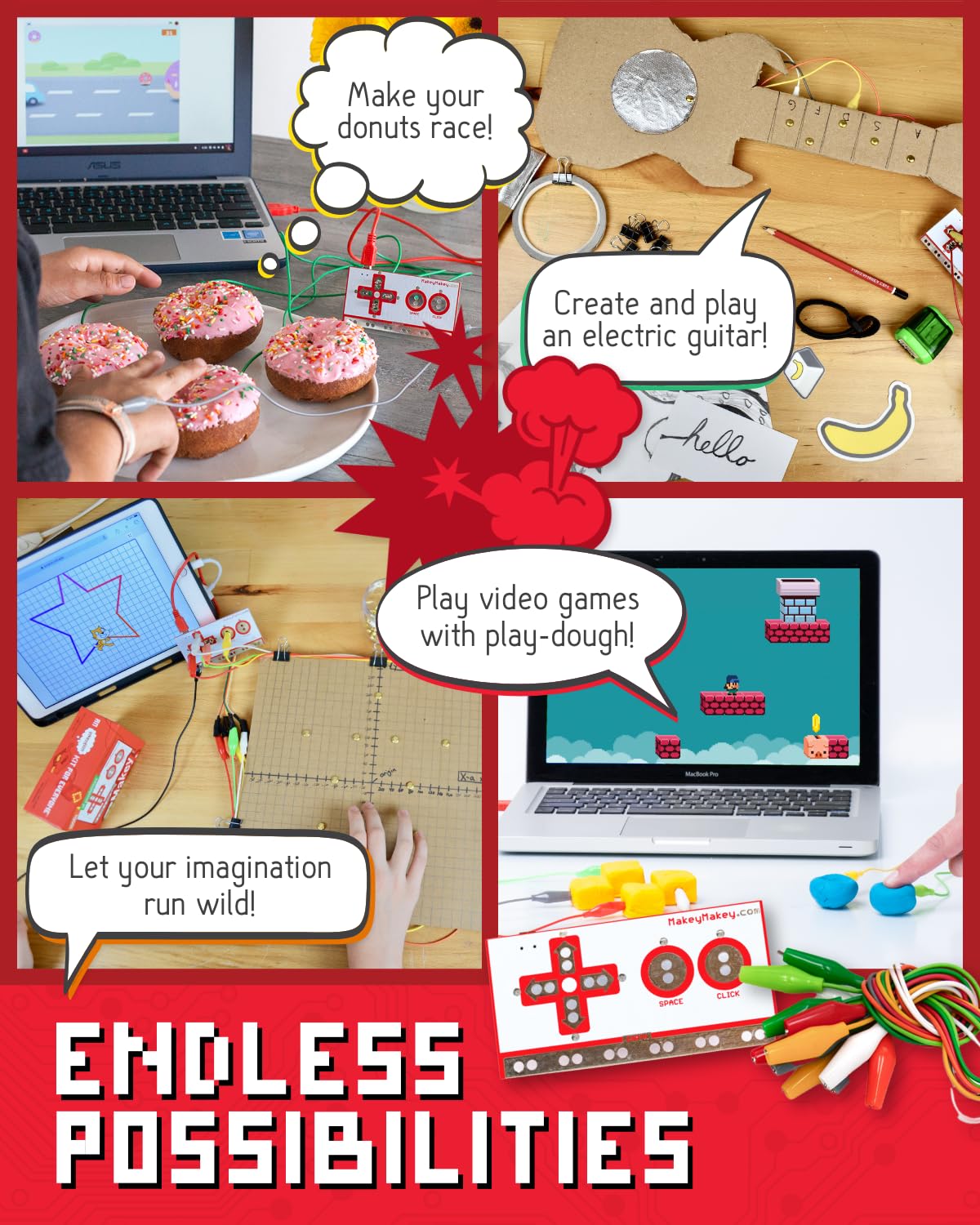 Makey Makey musical circuits illustrate hands-on electronics without complex software.