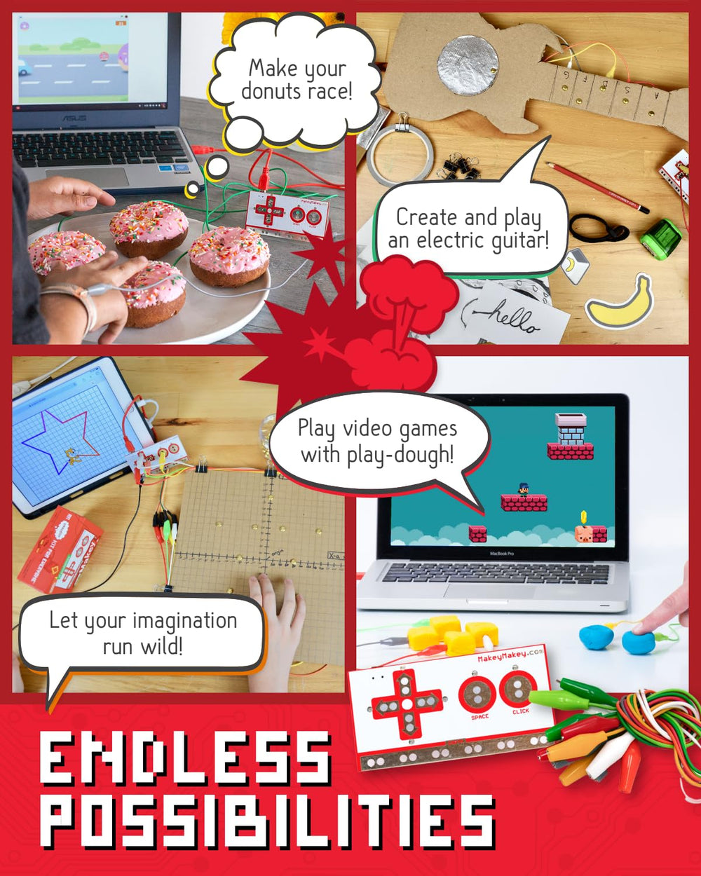 Makey Makey musical circuits illustrate hands-on electronics without complex software.