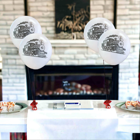 Close-up of Malayan train balloons showing durable latex for vibrant party setup.