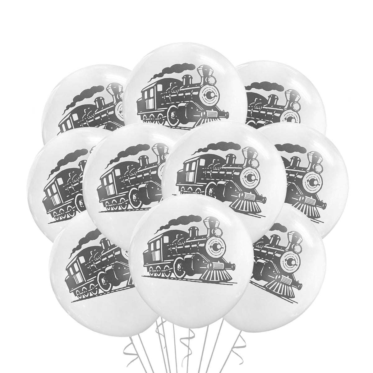 Malayan Products train balloons, 12-inch latex party decor for a festive train-themed celebration.