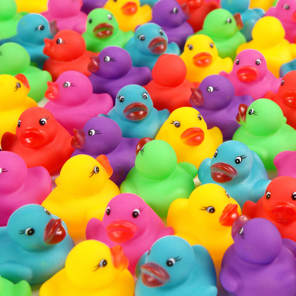 Maliweg 144-pack mini rubber ducks set in bright colors for bath time fun.