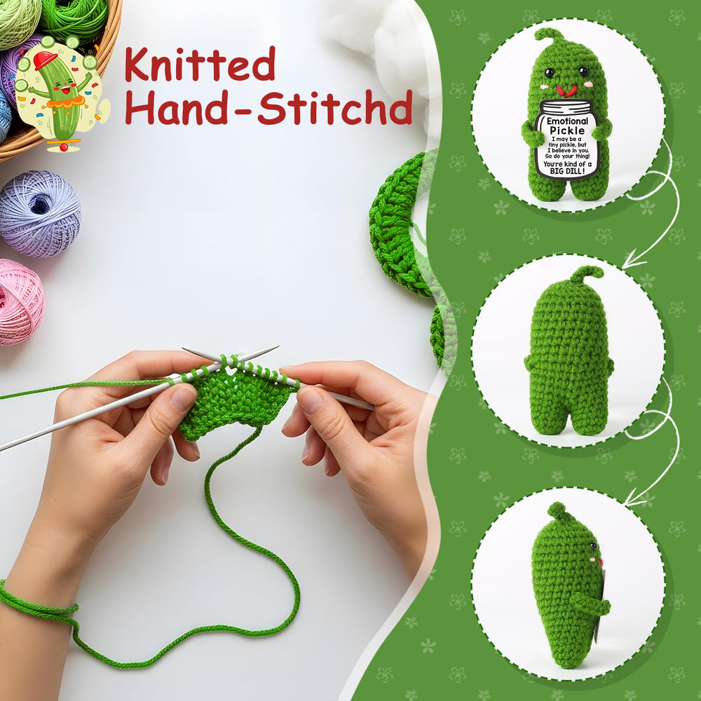 MAMAGIFTREE Emotional Support Pickle close-up; soft yarn invites squeezable moment of comfort.