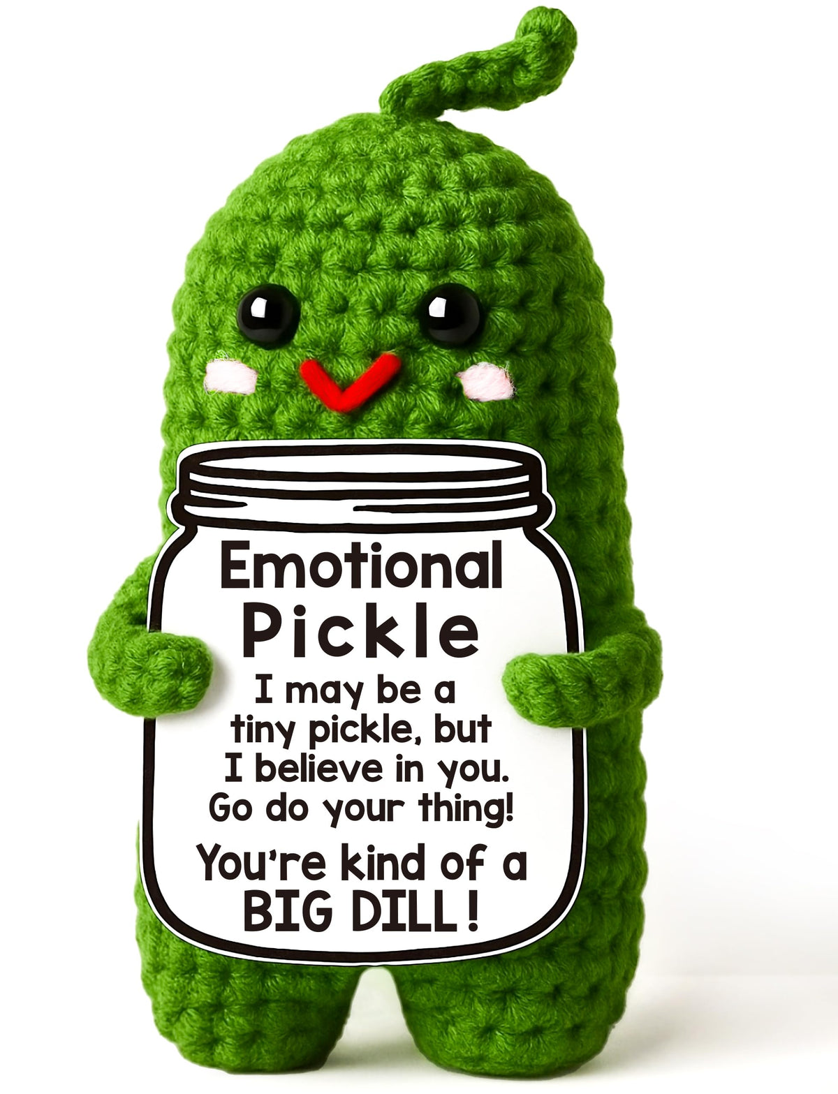 MAMAGIFTREE Emotional Support Pickle front view; handmade crochet charm ideal as a thoughtful gift.