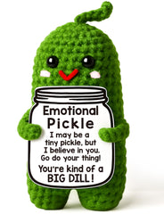 MAMAGIFTREE Emotional Support Pickle front view; handmade crochet charm ideal as a thoughtful gift.