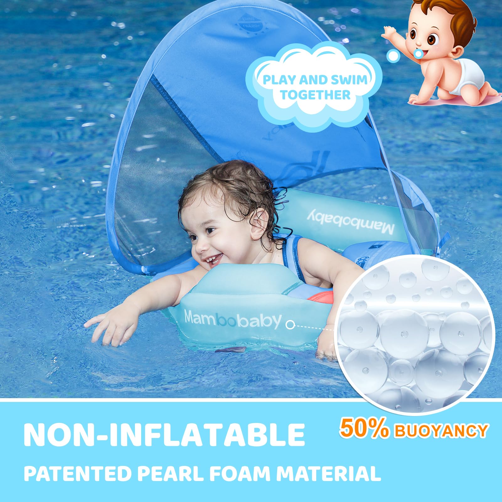 Mambobaby buckle safety and 5-point system helps keep baby steady in the water.