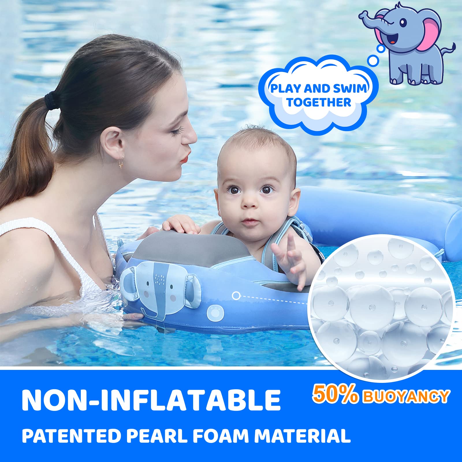 Mambobaby elephant-blue float in pool demonstrates safe toddler splash play.