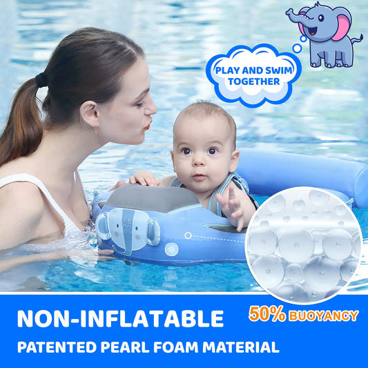 Mambobaby elephant-blue float in pool demonstrates safe toddler splash play.