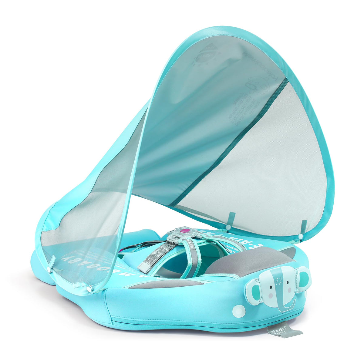 Mambobaby elephant-green swim float with canopy protecting sun exposure during water play