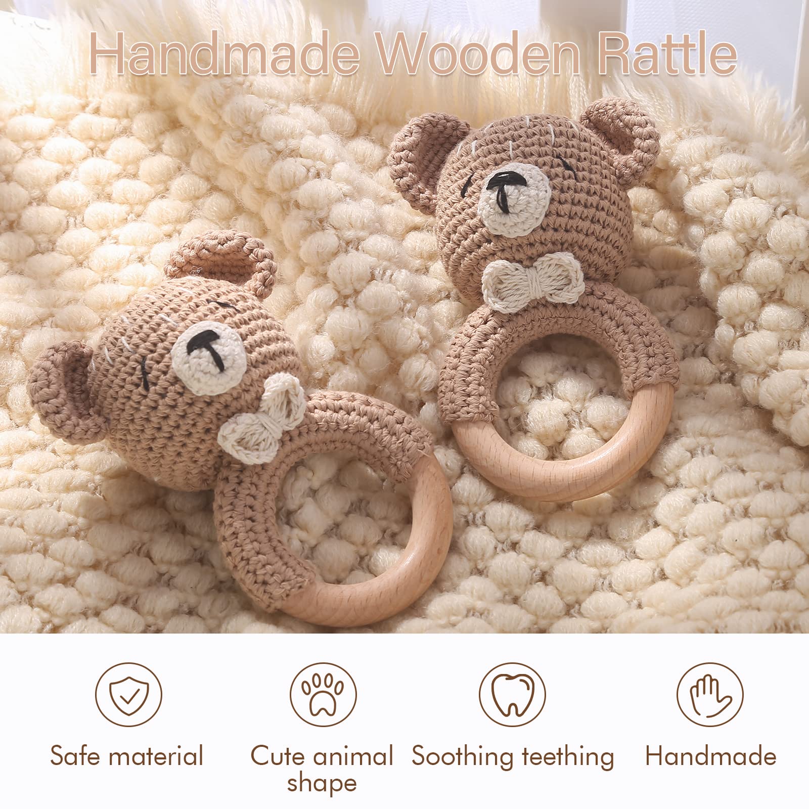 Mamimami Home crochet bear rattle promotes tactile play with soft jingling sounds.