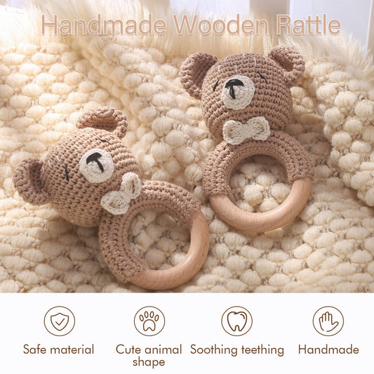 Mamimami Home crochet bear rattle promotes tactile play with soft jingling sounds.