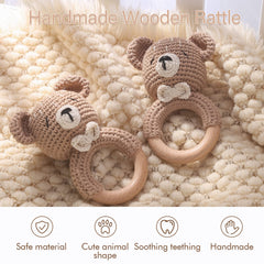 Mamimami Home crochet bear rattle promotes tactile play with soft jingling sounds.