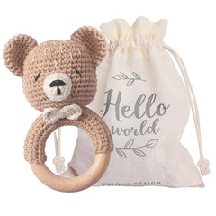 Mamimami Home wooden baby rattle bear highlights natural materials and early grip exploration.