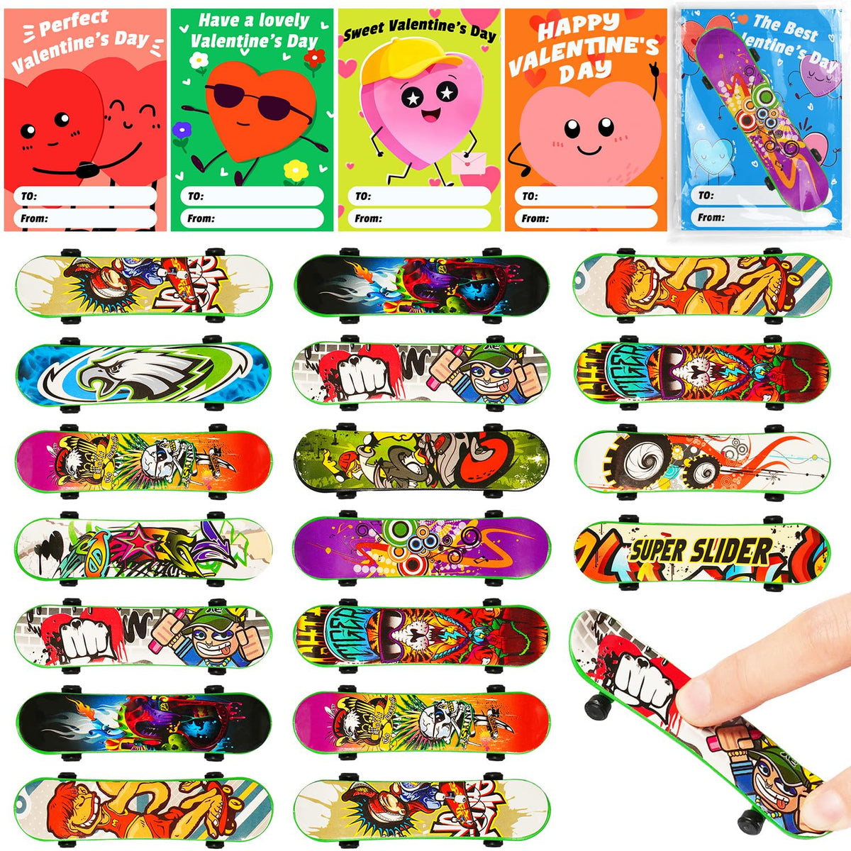 Manekulis Valentines finger skateboards 24pc set with smooth rolling wheels for classroom gifts