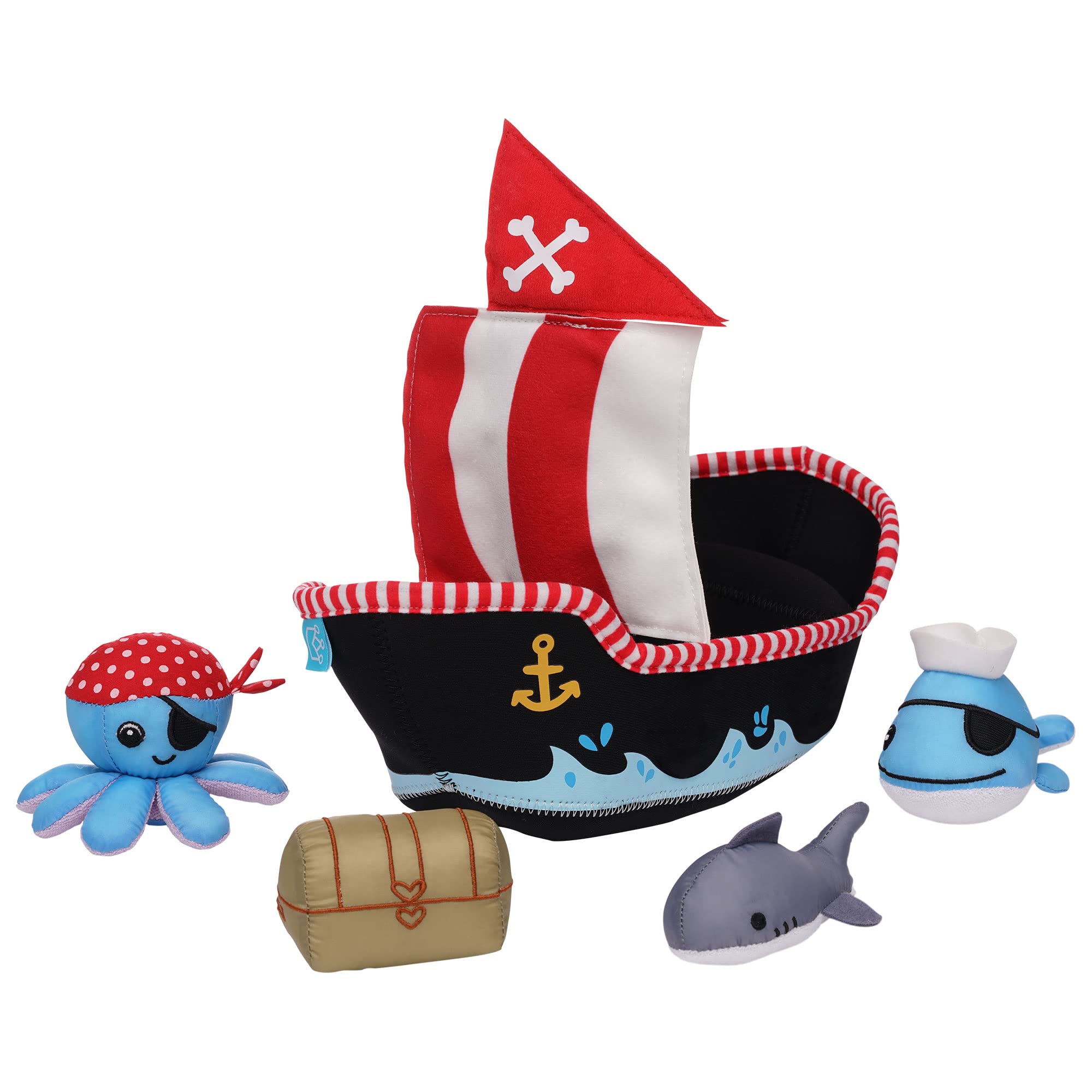 Manhattan Toy neoprene pirate ship detail highlighting bright sail and hull for immersive play.