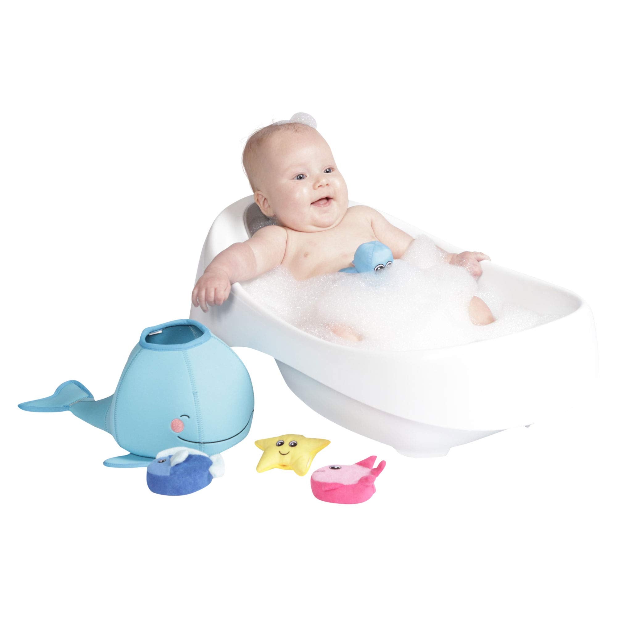 Manhattan Toy Neoprene Whale bath-time set sparks imaginative play.