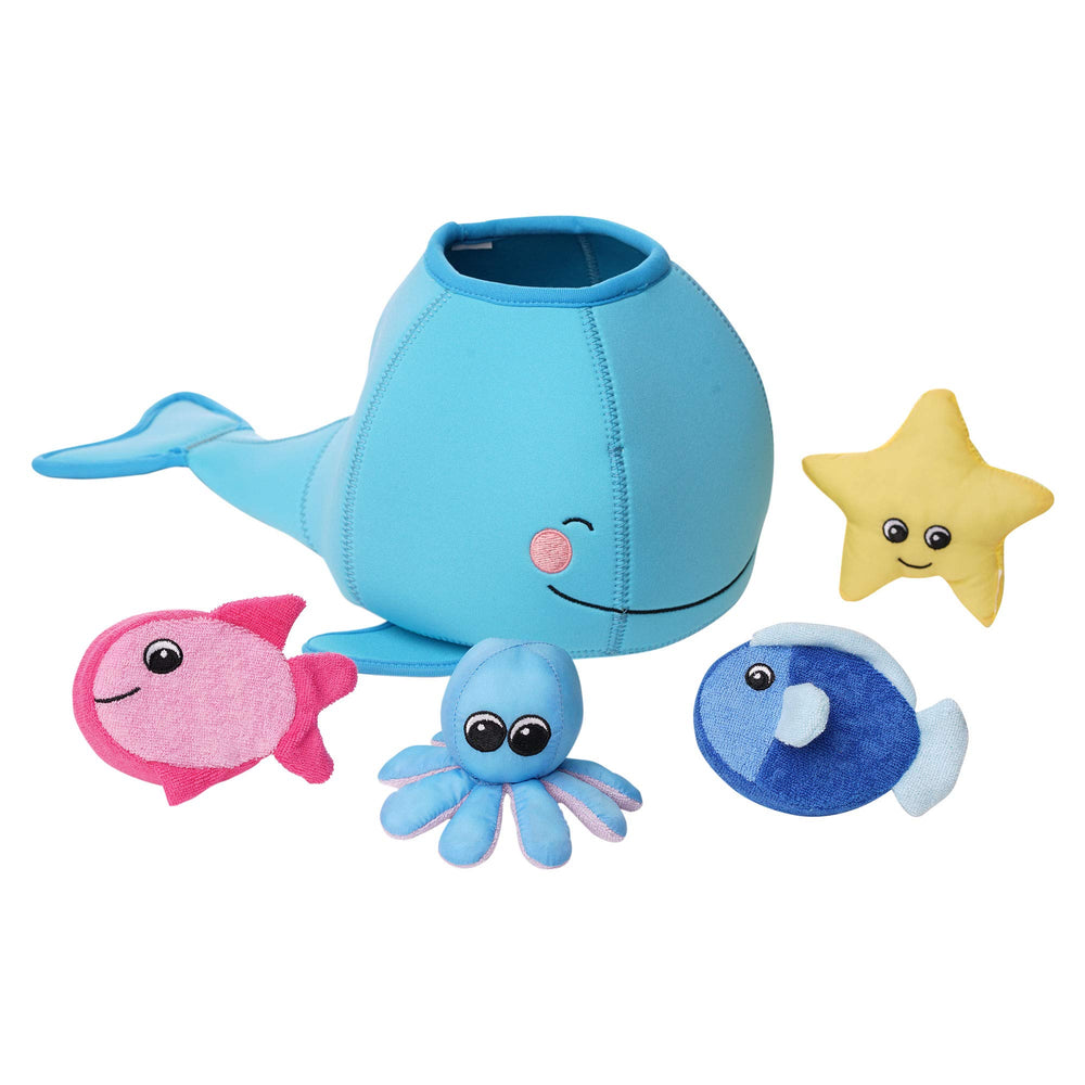 Manhattan Toy Neoprene Whale storage container floats for easy bath organization.