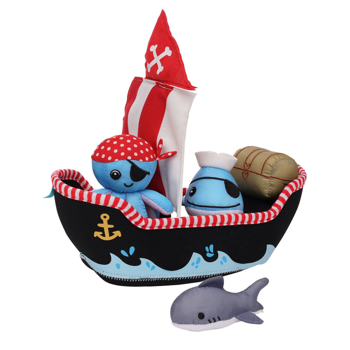 Manhattan Toy pirate ship floats for bath play, supporting motor exploration.